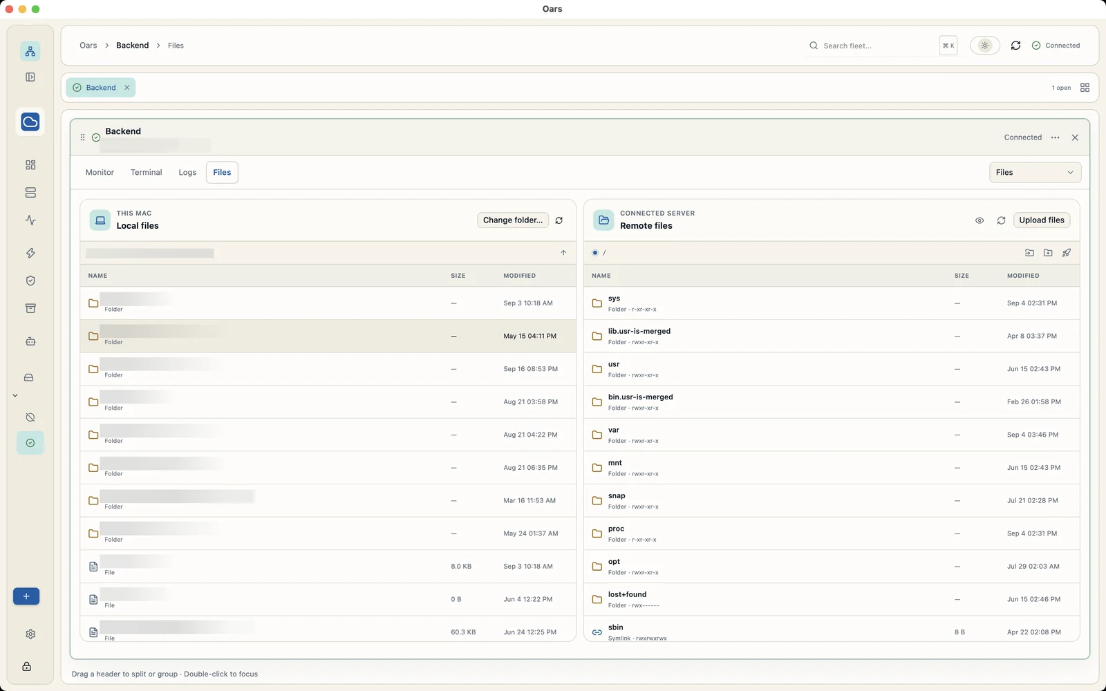 Oars file manager showing local folders alongside a remote Linux filesystem. Private file names are redacted.