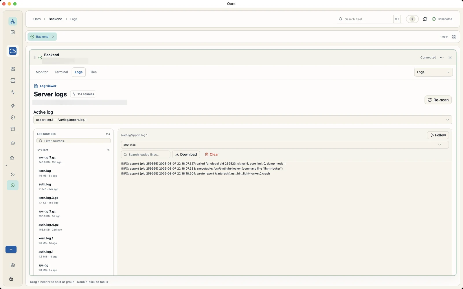 Oars log viewer with a source list, search controls, and server log output. Connection details are redacted.